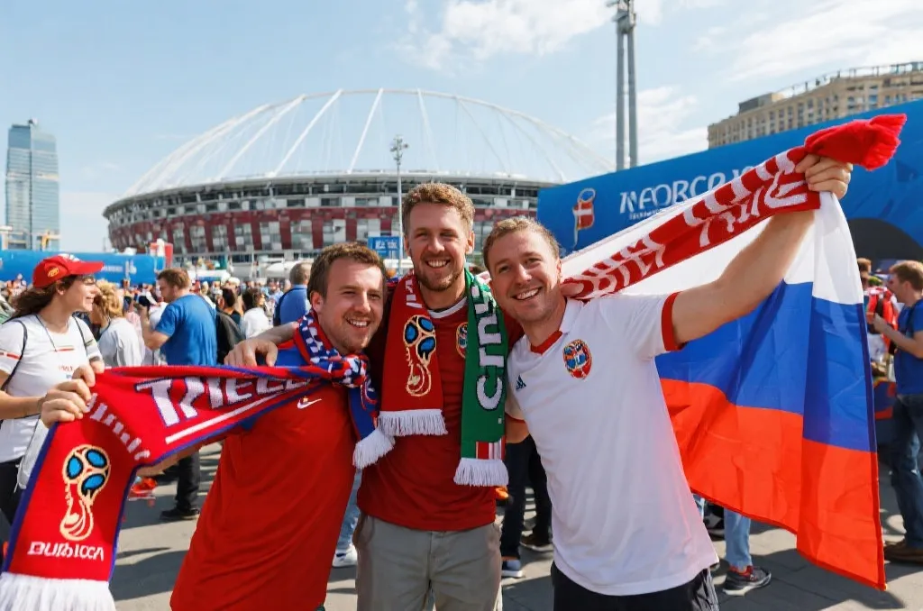 球迷在球场外交流助威、手持围巾与旗帜的世界杯观赛场景